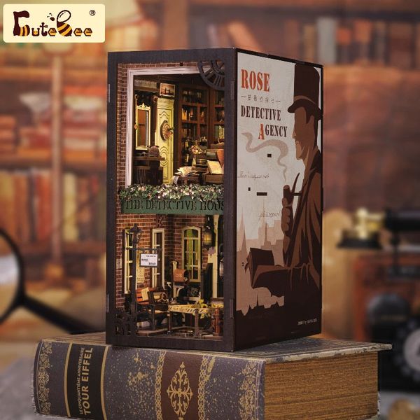 Rompecabezas 3D CUTEBEE Book Nook Puzzle Kit de casa de muñecas en miniatura con cubierta antipolvo con luz táctil DIY Booknook Toy Gifts Rose Detective Agency 231219