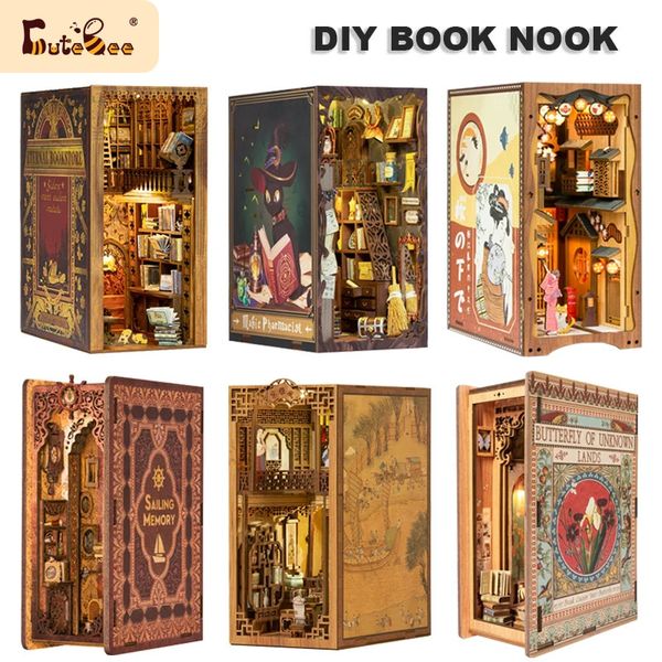 CUTEBEE Puzzle 3D bricolage livre coin Kit librairie éternelle maison de poupée en bois avec lumière magique pharmacien bâtiment modèle jouets pour cadeaux 231212