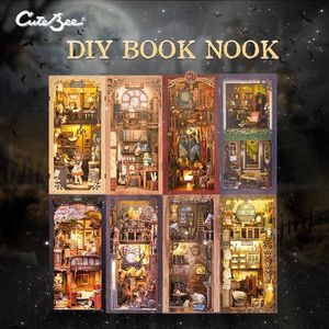 Puzzles 3D Puzzles mignonbee en bois Book Nook Shelf insert kit miniature Building Kits Magic Night Alley Bibelle avec couverture de poussière