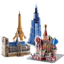 Puzzles 3D DIY Architecture Carton Puzzle Jouets Notre Dame de Paris Tour Eiffel Vasily Cathedral World Famous Architectural Model Toy 230616