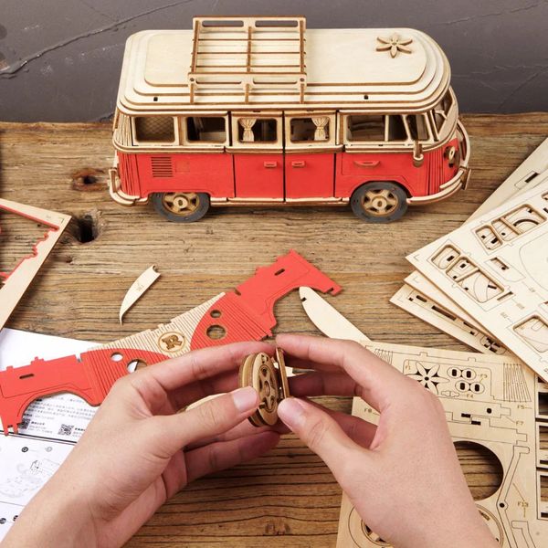 Rompecabezas 3D DIY Manual Montaje Modelo Coche Madera Retro Autobús 3D Puzzle Camper Van Niños Niño Niña Regalo Juguetes Educativos Decoración del Hogar 231212