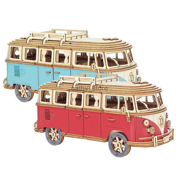 Rompecabezas 3D DIY Manual ensamblaje modelo coche madera Retro autobús 3D rompecabezas Camper Van juguetes educativos para niños regalo decoración de la habitación del hogar L231223