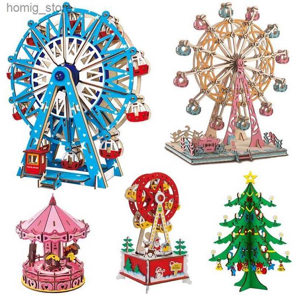 Puzzles 3D Ferris Wheel 3d Construction de puzzle en bois Bois Jigsaw Carrousel Diy Assemblée Enfants Toys éducatifs pour enfants Y240415