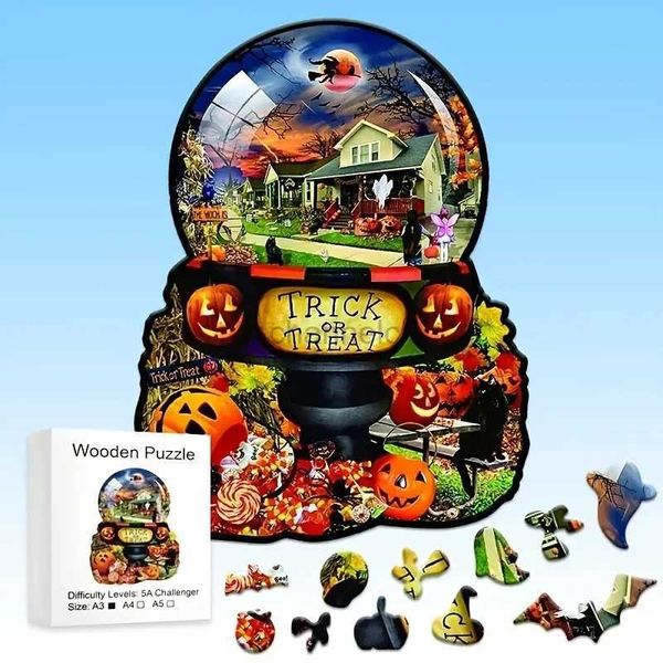 Rompecabezas 3D Tema de Halloween Rompecabezas de madera Rompecabezas únicos Animales con forma de rompecabezas de madera Mejores regalos para adultos y niños Juego de familia 240419