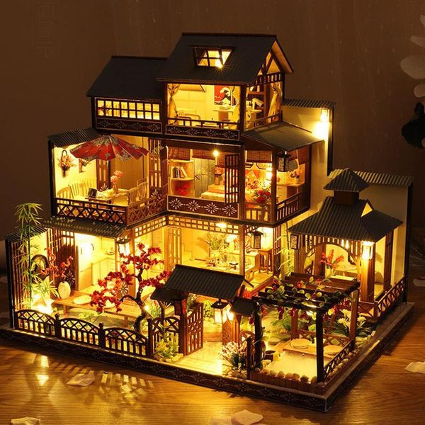 Puzzles 3D grand bricolage maison de poupée jouets architecture japonaise maison de poupée modèle printemps maison style japonais simulé villa jouet avec lampe 230616