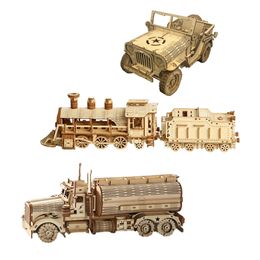 3D Puzzels Beweegbare Klassieke StoomtreinCarJeepTruck Montage DIY Speelgoed Cadeau voor Kind Volwassen Houten Model Bouwstenen Kits 240124