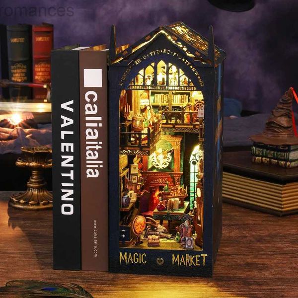 Puzzles 3D Nouveau bricolage coin de livre en bois marché magique maison de poupée Kit avec lumière Puzzle 3D bibliothèque assemblage serre-livres pour adultes cadeaux d'anniversaire 240314