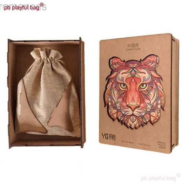 Rompecabezas 3D PB Playful Bag Caja de madera con forma irregular Animal Año del tigre Rompecabezas Juguetes educativos para niños Regalo del tigre chino UG208 240314