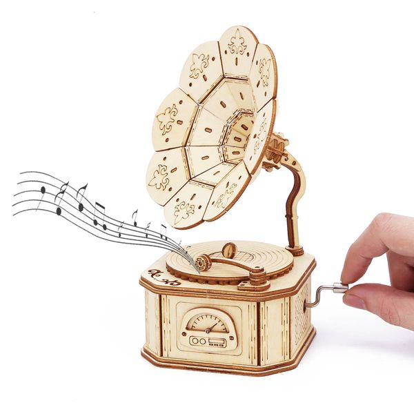 Puzzles 3D Phonographe Boîte à musique en bois Mécanisme de bricolage Kit de construction de modèles Puzzle 3D Décoration de bureau Cadeau d'anniversaire 230616