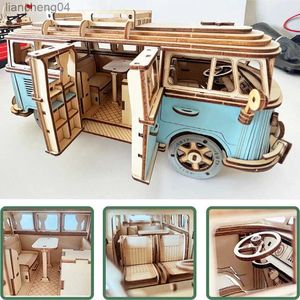 3D Puzzels Retro Bus Europese stijl Camper 3D Houten Auto Puzzel DIY Zeilschip Vliegtuig Gebouw Huis Model Jigsaw speelgoed Voor Kinderen