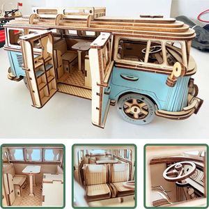 Puzzles 3D Bus rétro style européen camping-car voiture en bois Puzzle bricolage voilier avion bâtiment maison modèle Puzzle jouets pour enfants 231219