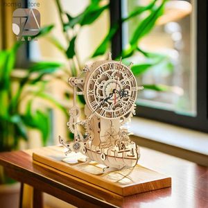 3D Puzzles Tada Diy 3D Pirate Ship Clock Desk Standing Houten Model Puzzle Building Block Toy Game Birthday Cadeau voor kinderen Volwassenen Y240415