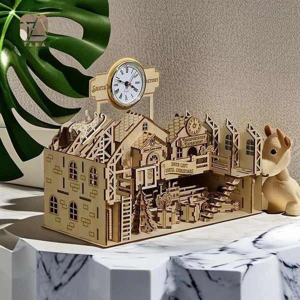 Puzzles 3D Tada DIY Assemblage en bois Santa Claus Modèle d'usine Puzzle Blocing Blocs Kits Toys Game Anniversaire Gift For Children Kids Adult 231219