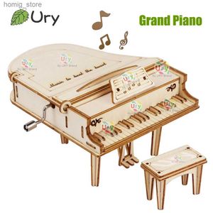 3D Puzzles Ury 3D houten Grand Piano Hand Crank Musical Movement Instruments Diy Retro Toy Rhythm Device Model For Children Christmas Gift Y240415