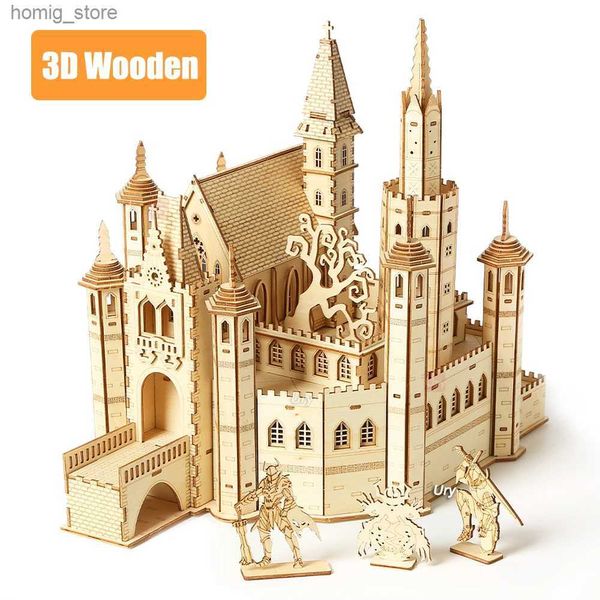 Rompecabezas 3D ury 3d Wooden Puzzle House Royal Knights Castle with Box Assembly Juguete retro para niños Kits de modelo de diquidación para adultos Regalos Y240415