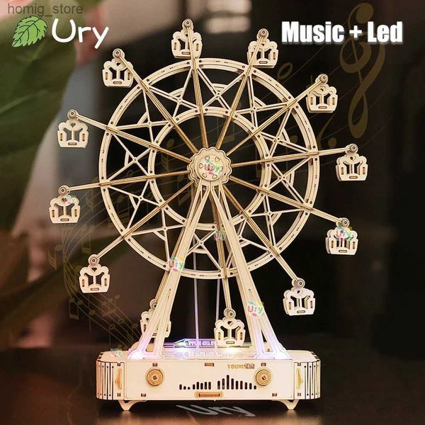 Puzzles 3D Ury 3D Puzzles en bois coloré LED rotatif Ferris Wheel Musique Octave Box Kit mécanique DÉCORD DÉCORD DIY DIY Gift For Kid Adulte Y240415