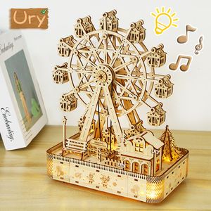 Puzzles 3D Ury 3D Puzzles en Bois Led Rotatif Grande Roue Musique Octave Boîte Modèle Mécanique Kit Assemblage Décor DIY Jouet Cadeau pour Enfant Adulte 230616