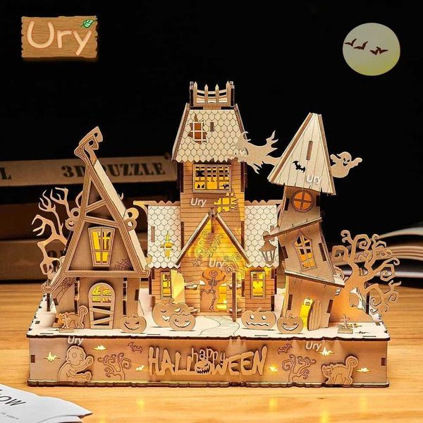 Rompecabezas 3d ury new 3d Halloween Halloween Houseed Wooden Puzzle Ghost Tree Light Modelo de bricolaje Kits de artesanía de escritorio Juguetes de decoración para niños Y240415