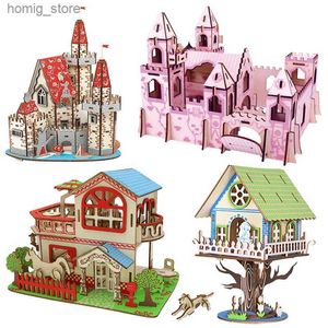 Puzzles 3D Carton de bois 3d en bois en bois puzzle princesse Paradise château toys pour enfants filles house arbre modèle d'anniversaire cadeau y240415