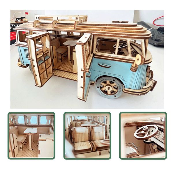 Rompecabezas 3D Rompecabezas de madera Retro Bus Europeanstyle Campervan Ensamblado Modelo de coche DIY Handson Habilidad Cultivar Niños Juguetes Niño Niña Regalo 230616