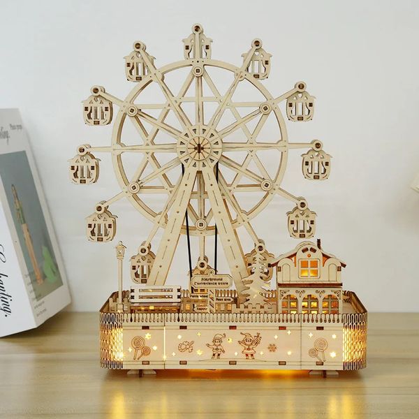 Puzzles 3D en bois LED rotative grande roue musique boîte d'octave modèle Kit mécanique assemblage décor bricolage jouets pour enfants cadeau adulte 231219