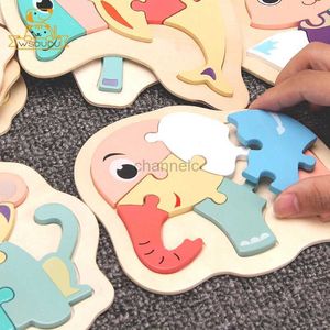 Rompecabezas 3D Puzzle de madera Animal Jigsaw Elephant Fox Dolphin Airplane Classic Game Shape Board de color Educational Montessori Toy Pittler 240419