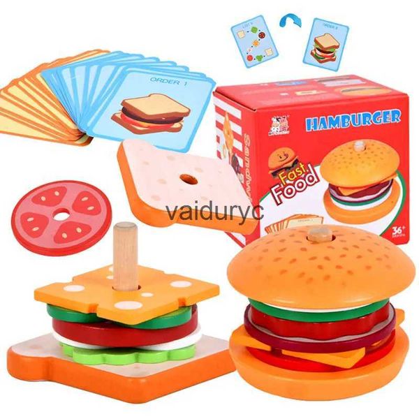 Rompecabezas 3D Simulación de madera Hamburguesa Juguetes para niños Montessori Aprendizaje educativo Forma de color Juego de mesa Matng para niños de 3 a 6 años