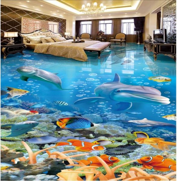3d pvc revêtement de sol personnalisé po papier peint auto-adhésif sol mer monde dauphin corail chambre décor à la maison 3d peintures murales papier peint pour w44116342035