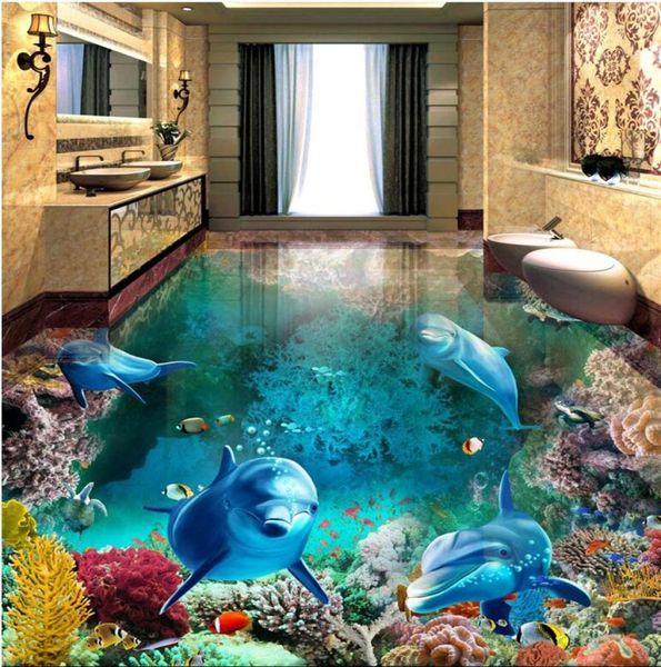 3D PVC Planchers PO personnalisé étanche étanche mural autocollant bleu océan monde dolphin corail décor de salon papier peint pour murs 8742792