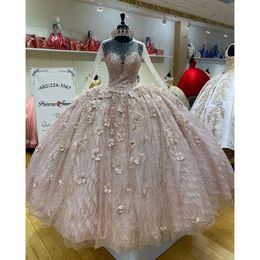 3D Quinceanera Pink Beading Dresses Floral Long Illusion Manges Sequins Crystals Jewel Neck Hecho Sweet 16 Prom Ball Vestidos