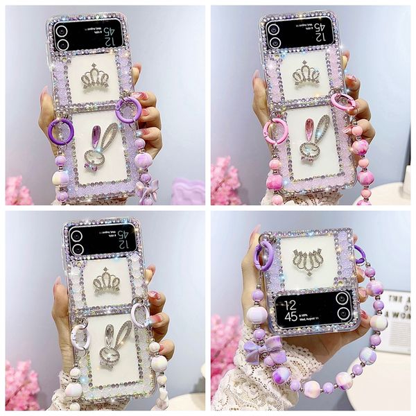 3D Lapin Bling Diamant Cas Pour Samsung Galaxy Z Flip 4 3 Flip4 Zflip4 Mode De Luxe Brillant Dur PC Acrylique Couronne Arc Strass Dame Téléphone Couverture Arrière Perles Sangle