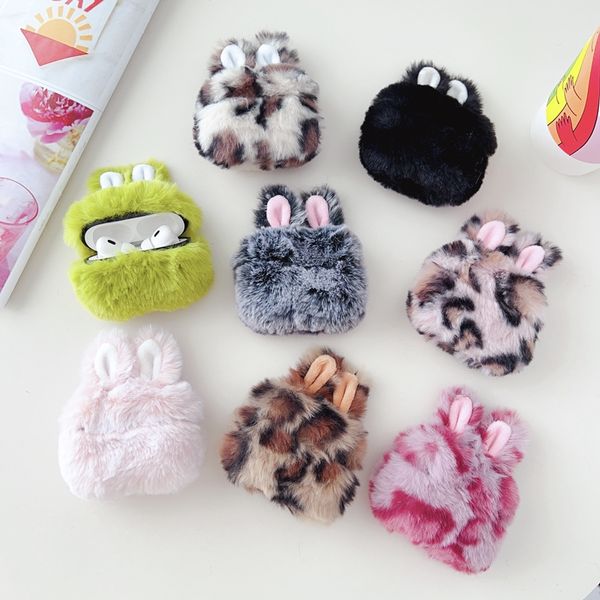 Estuches rígidos de PC para auriculares con orejas de conejo 3D para Airpods Pro 2 Pro2 Pro Airpod 3 1 2 2gen Air pods 3gen Protector esponjoso Animal Lovely Hair Fur Leopard Genuine Warm Winter Skin