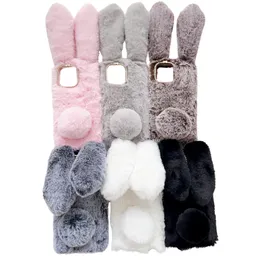 3D konijn pluizige hoesjes voor Motorola G Play 4G 2024 Power 5G G 5G Stylus G24 G34 Moto G54 echt haar pluche bling diamant strass bont fuzzy tail zachte TPU oor achterkant