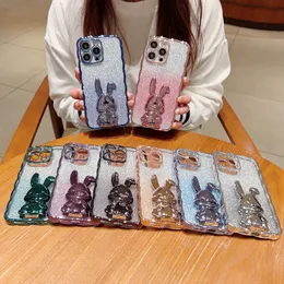 3D Rabbit Holder Bling Glitter Cases voor iPhone 14 Pro Max plus 13 12 11 XR XS X 8 7 PLATATE METALLISCHE GEKROOMDE GELUID LUXE WAVE GRADIENT SPARKLE Soft TPU Telefoon Back Cover