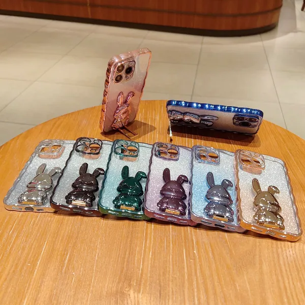 3D Rabbit Holder Mobile Phone Cases Pour Apple iPhone 13 14 Pro Max 12 11 7 8 plus Galvanoplastie Flash Poudre Housse De Protection XS Max