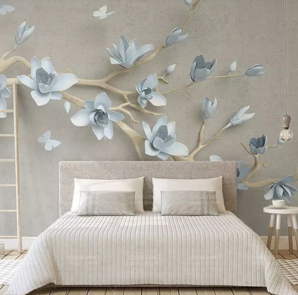 Relief 3D de magnolia papillon nouveau style chinois fond de mur