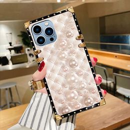 3D Rhombic Pearl Square Leather Pating Phone Case voor iPhone 15 14 13 12 11 LYP154