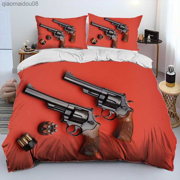 3D Rifle Revolver Cartucho Pistola Edredón Juego de cama Funda nórdica Juego de cama Funda de edredón Funda King Queen Size Juego de cama L230704
