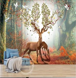 3D Room Wallpaper Doek Custom Po Mural Nordic Fantasy Forest Elk Boutique Sofa TV Achtergrond Wall Painting Wallpaper for Walls2360475