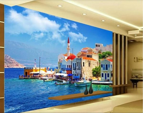 Fond d'écran de chambre 3d personnalisé Mural Greek Aegean Sea Sceery TV Bandle Murmain Decorative Painting Wallpaper for Walls 3 D2535310