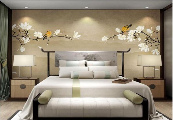 Papier peint de chambre 3d personnalisé po non-tissé mural nouvelle fleur de Magnolia chinoise fleurs et oiseaux peints à la main papier peint wal pour murs 4790748