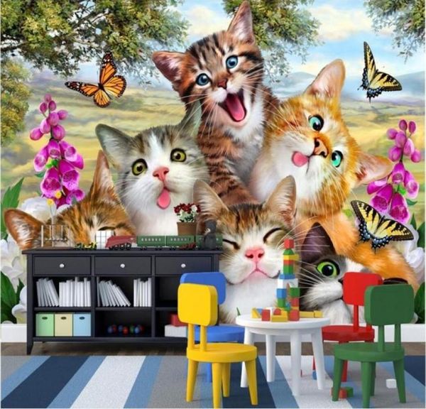 Fond d'écran de chambre 3d Po Murale non tissée un groupe de chats Cartoon Grass Painting Picture 3D Muraux muraux Fond d'écran pour murs 31049111