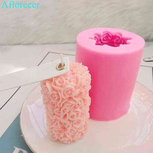 Molde de silicona para velas de flores rosas 3D, molde de yeso para bricolaje, forma cilíndrica, moldes de silicona para velas de jabón H1222