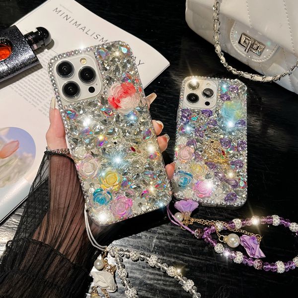 3D Rose Flower Cases para Iphone 15 Plus 14 Pro Max 13 12 11 X XR XS 8 7 Fashion Bling Diamond Luxury Shinny Hard PC Acrílico TPU Rhinestone Cute Lovely Phone Cover Pearl Strap