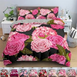Edredón de flores rosas en 3D, juego de cama doble de 210x210, edredón de 23 uds con cierre de cremallera, funda de edredón tamaño King, funda nórdica de San Valentín 220616