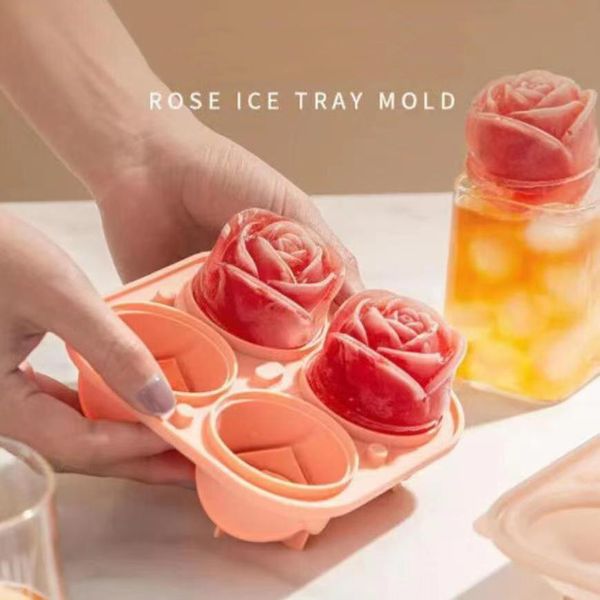 Moldes de hielo de rosas 3D, bandejas de cubitos de hielo grandes de 13*13cm, hacen 4 forma de flor linda gigante, goma de silicona de hielo, fabricante de bolas de hielo grande divertido