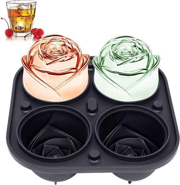 Moldes de hielo de rosas 3D de 2,5 pulgadas, bandejas grandes para cubitos de hielo, hacer 4 hielos gigantes con forma de flor linda, goma de silicona divertida para hacer bolas de hielo grandes para cócteles, jugo, whisky, bourbon