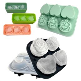 Moldes de hielo de rosas 3D Herramientas de barra 3 cavidades Silicona de grado alimenticio Linda flor Diamante Redondo Molde para cubitos de hielo para cócteles Jugo Whisky Bourbon Congelador