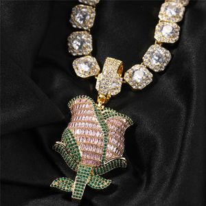 Collier pendentif Rose 3D glacé Zircon or plaqué argent bijoux Hip Hop pour hommes cadeau
