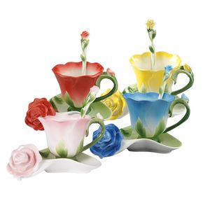 3D Forma de rosa Flor Esmalte Cerámica Café Taza de té y platillo Cuchara Porcelana de alto grado Diseño creativo de regalo de San Valentín 210907